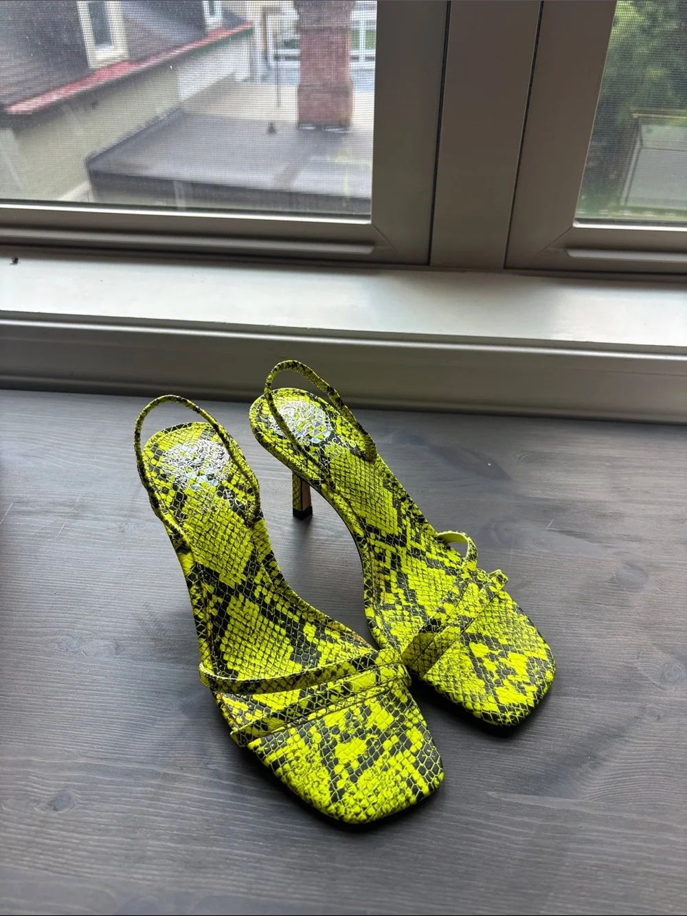 Neon Yellow Snake-Print Slingback Heels